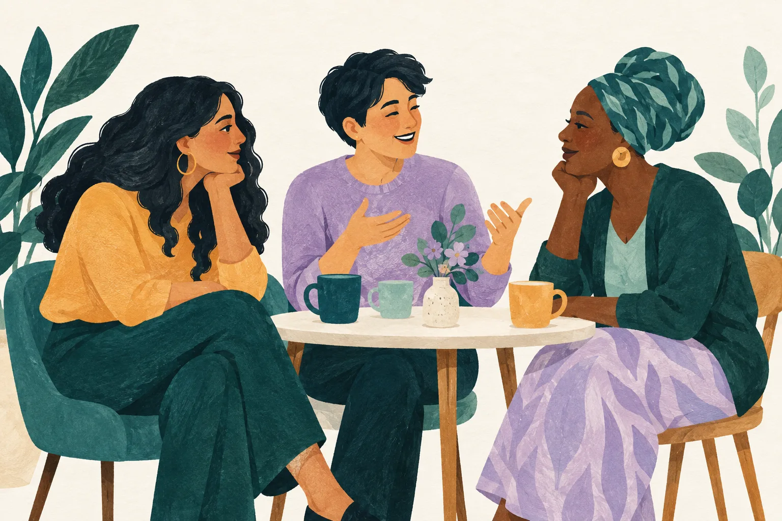 Illustration of three people sharing a relaxed, supportive conversation