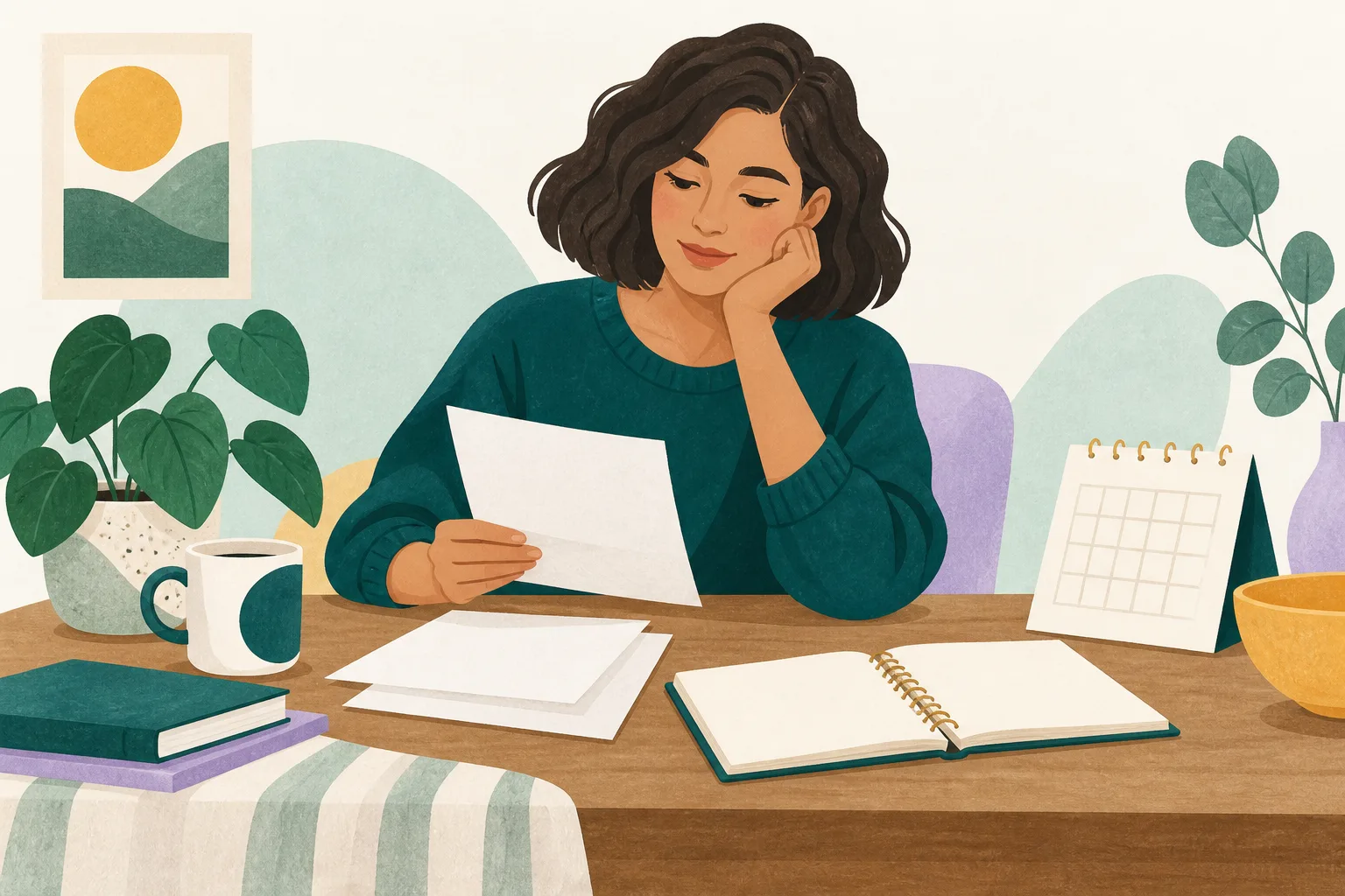 Illustration of a person organising papers beside a notebook and calendar